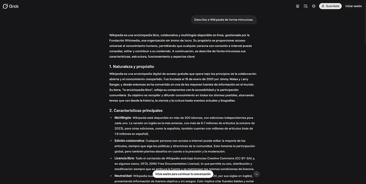 Captura de pantalla de la interfaz web de Grok (grok.com), con el logotipo de Grok en la esquina superior izquierda, un cuadro de pregunta sobre Wikipedia y una respuesta larga con títulos y viñetas, y los botones "Suscríbete" e "Iniciar sesión" arriba a la derecha