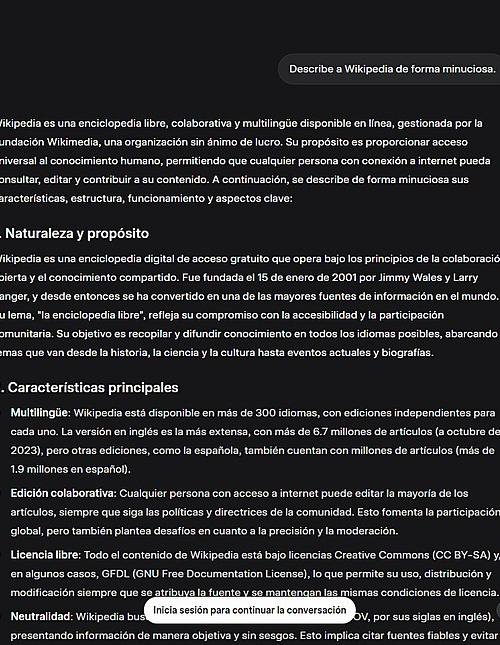 Captura de pantalla de la interfaz web de Grok (grok.com), con el logotipo de Grok en la esquina superior izquierda, un cuadro de pregunta sobre Wikipedia y una respuesta larga con títulos y viñetas, y los botones "Suscríbete" e "Iniciar sesión" arriba a la derecha