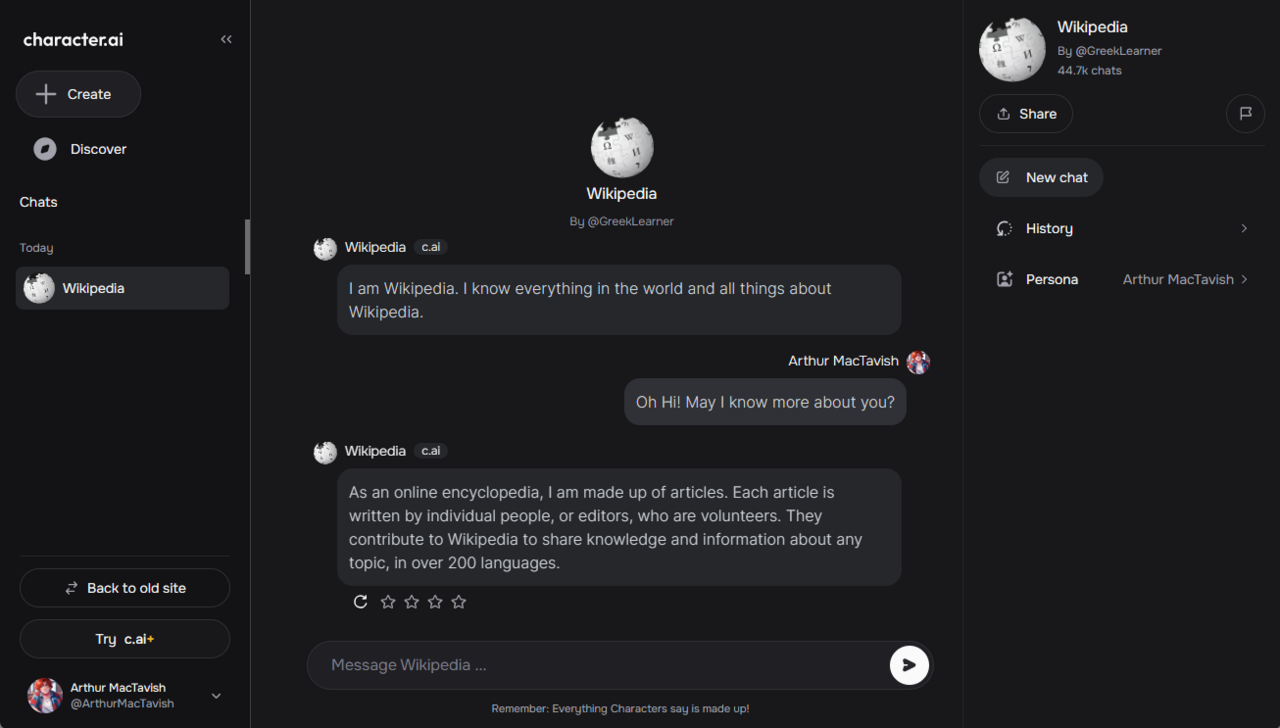 Pantalla de chat de la app Character.AI con burbujas de conversación entre un usuario y un personaje de inteligencia artificial